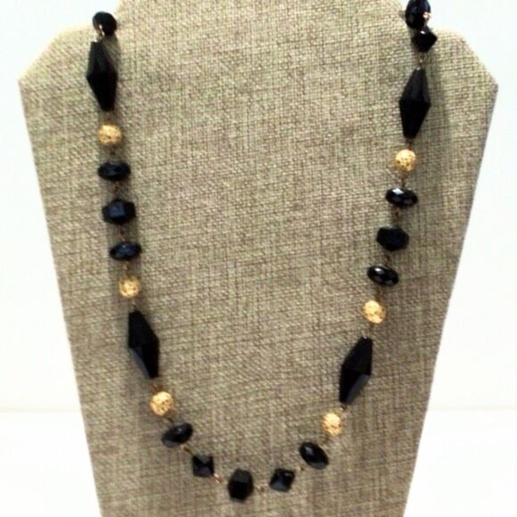 Vintage Black Faceted Beaded Necklace with Gold Filigree Accents - Picture 1 of 6